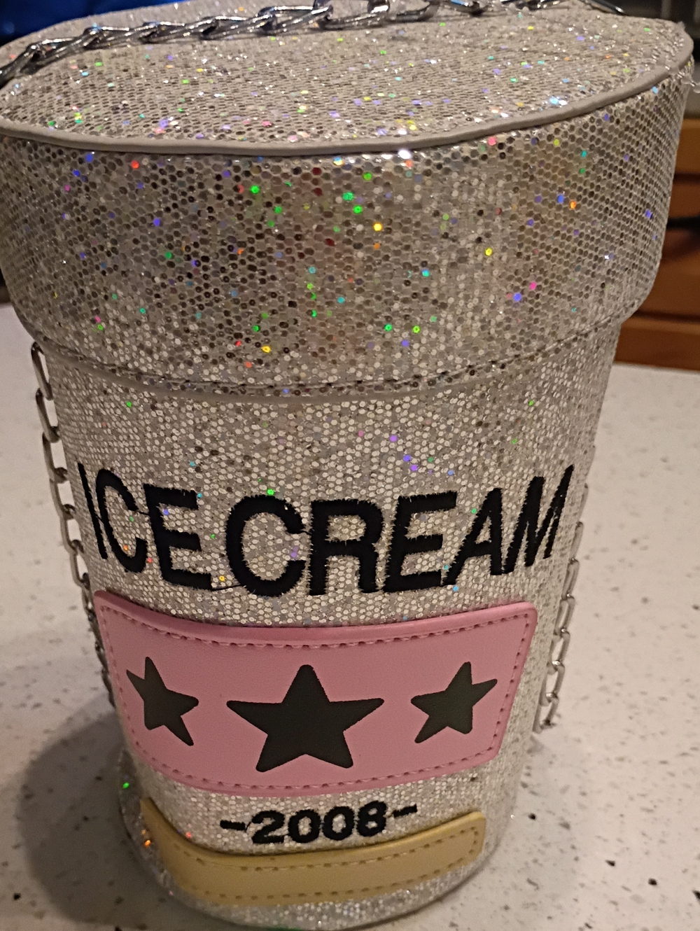 Icecream Silver Glitter Cylinder Crossbody Bag with Pink Star Patch